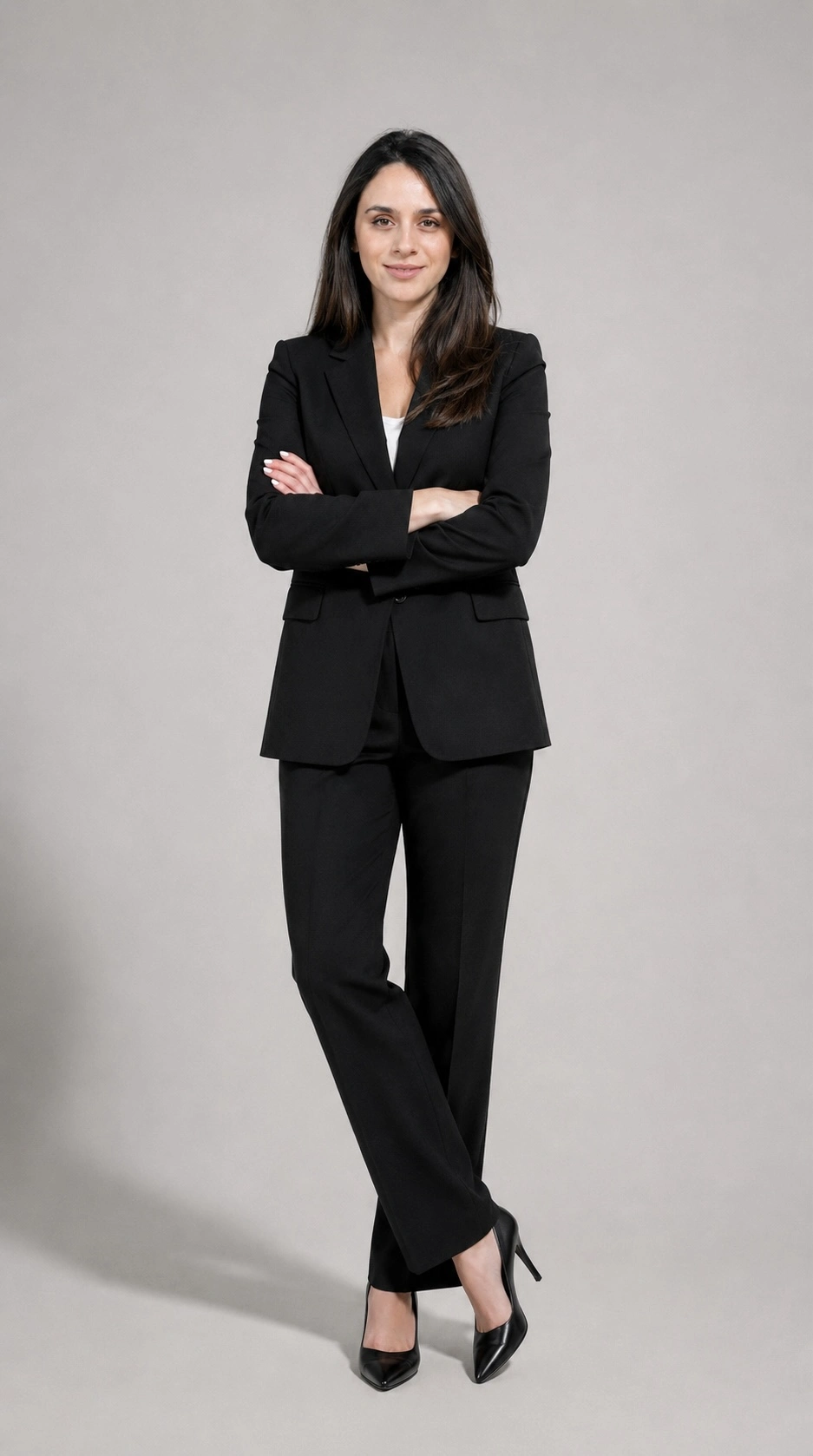 Najda Kazarian standing confidently in a black suit